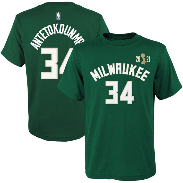 Men's Milwaukee Bucks #34 Giannis Antetokounmpo 2021 Green Finals Champions T-Shirt - Click Image to Close